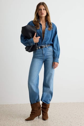 TRENDYOLMİLLA Women's Blue Plain Wide Leg High Waist Jeans