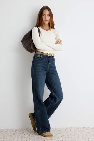 TRENDYOLMİLLA Women's Dark blue Plain Wide Leg High Waist Jeans