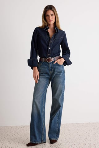 TRENDYOLMİLLA Women's Blue Plain Wide Leg High Waist Jeans