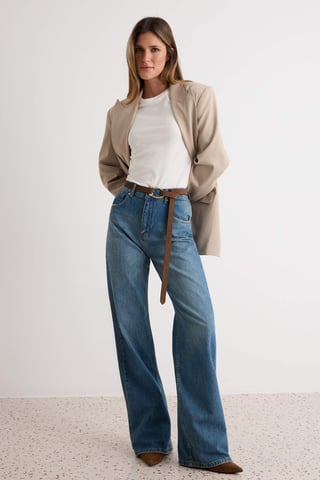 TRENDYOLMİLLA Women's Blue Plain Wide Leg High Waist Jeans