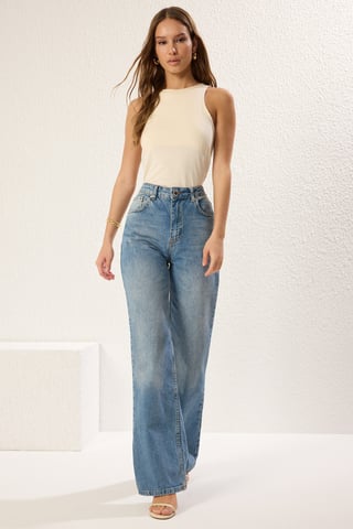 TRENDYOLMİLLA Women's Blue Plain Wide Leg High Waist Jeans
