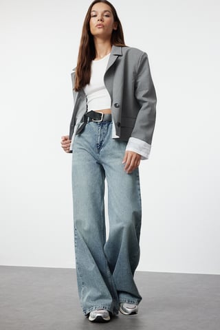 TRENDYOLMİLLA Women's Blue Plain Wide Leg Normal waist Jeans