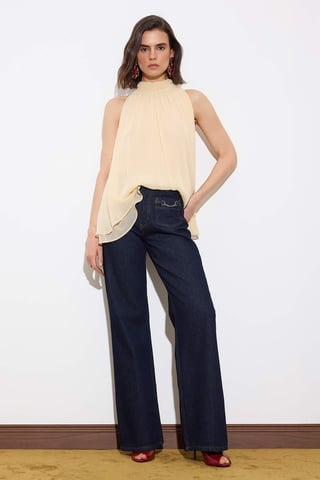 TRENDYOLMİLLA Women's Blue Plain Wide Leg High Waist Jeans