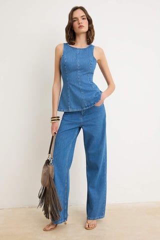 TRENDYOLMİLLA Women's Blue Plain Wide Leg High Waist Jeans