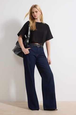 TRENDYOLMİLLA Women's Dark blue Plain Wide Leg Normal waist Jeans
