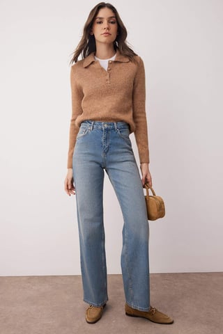 TRENDYOLMİLLA Women's Blue Plain Wide Leg High Waist Jeans