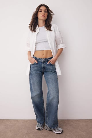 TRENDYOLMİLLA Women's Blue Plain Wide Leg Low Waist Jeans