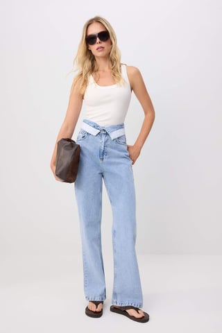 TRENDYOLMİLLA Women's Blue Plain Wide Leg High Waist Jeans
