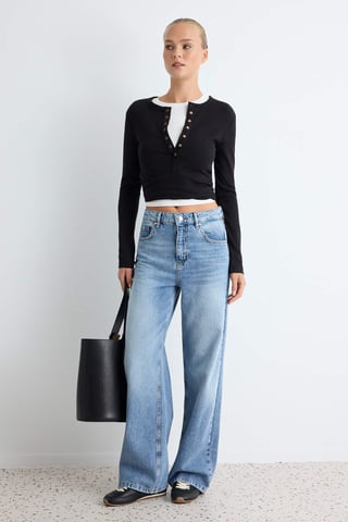 TRENDYOLMİLLA Women's Dark blue Plain Wide Leg High Waist Jeans