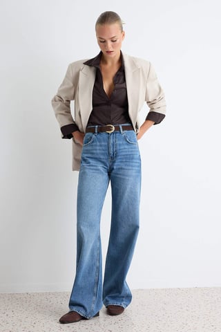 TRENDYOLMİLLA Women's Dark blue Plain Wide Leg High Waist Jeans