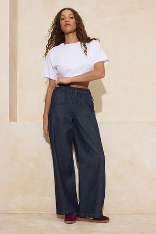 TRENDYOLMİLLA Women's Dark blue Plain Wide Leg High Waist Jeans
