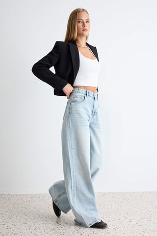 TRENDYOLMİLLA Women's Blue Plain Wide Leg High Waist Jeans