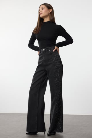 TRENDYOLMİLLA Women's Black Plain Wide Leg High Waist Jeans