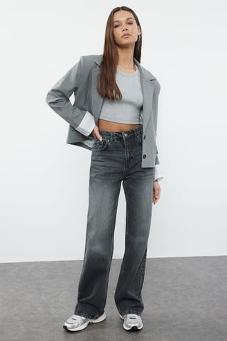 TRENDYOLMİLLA Women's Gray Plain Wide Leg High Waist Jeans
