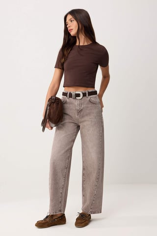 TRENDYOLMİLLA Women's Brown Plain Barrel High Waist Jeans