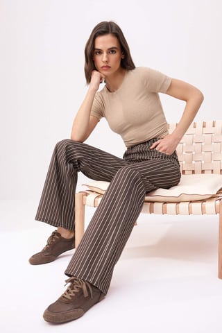 TRENDYOLMİLLA Women's Brown Striped Wide Leg High Waist Jeans