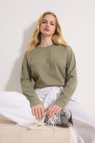 TRENDYOLMİLLA Women's Khaki Plain Long Relaxed fit T-Shirts