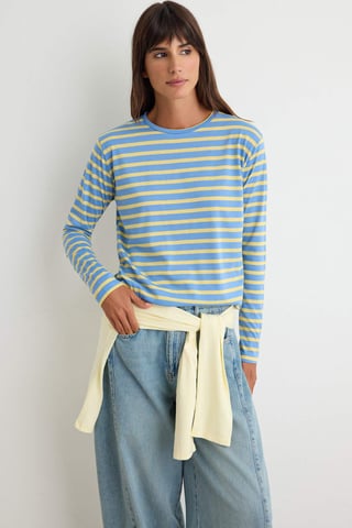 TRENDYOLMİLLA Women's Blue Striped Long Regular fit T-Shirts