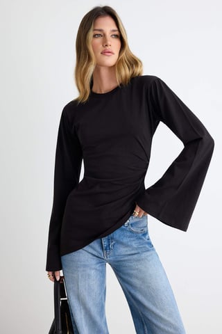 TRENDYOLMİLLA Women's Black Plain Long Fitted T-Shirts