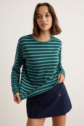 TRENDYOLMİLLA Women's Blue Striped Long Regular fit T-Shirts