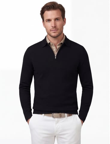 Cavallaro Napoli Black Merino Wool Zip-Up Polo Shirt