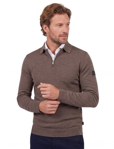 Cavallaro Napoli Brown Merino Wool Polo Shirt with Zip
