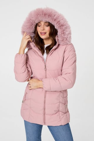 Roze gewatteerde jas met capuchon, imitatiebontkraag en rits