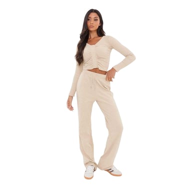 I Saw It First Womens/Ladies Ribbed Wide Leg Sweatpants (Stone)