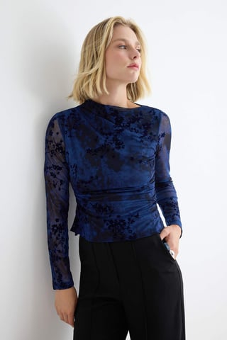 TRENDYOLMİLLA Women's Dark blue Floral Long Fitted Blouses