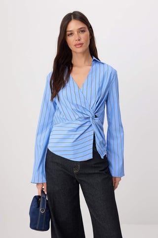 TRENDYOLMİLLA Women's Blue Striped Long Regular fit Blouses