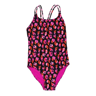 Biba Girls Leopard Print Cross Back One Piece Swimsuit (Pink)