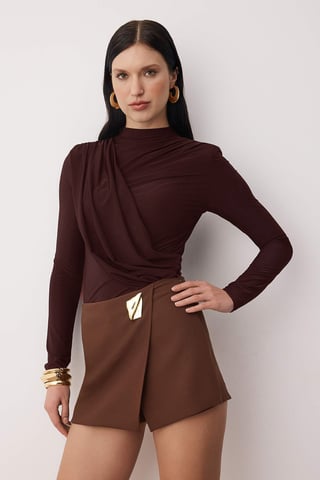 TRENDYOLMİLLA Women's Brown Plain Long Fitted Blouses
