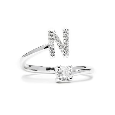 Luxenter ring with rhodium-finished shiny zirconia - Alphabet