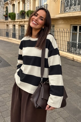 Bipantolon Dames-sweatshirt met oversized pasvorm, strepen en ronde hals