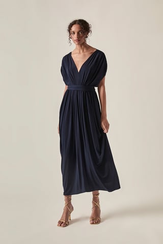Gedrapeerde midi-jurk met open rug – Marineblauw