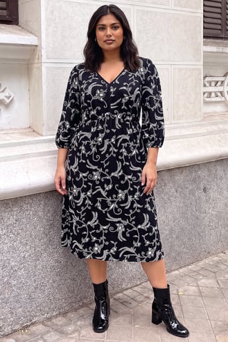 Roman Curve Floral Stretchjurk met V-hals