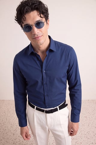 TRENDYOL MAN Men's Dark blue Plain Long Slim fit Shirts