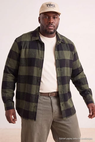 TRENDYOL MAN Men's Khaki Plaid Long Regular fit Plus Size Shirts