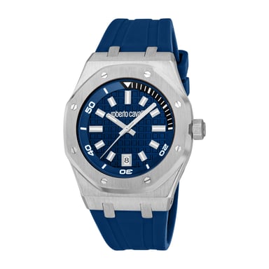 ROBERTO CAVALLI Herenhorloge, zilverkleurige kast, donkerblauwe wijzerplaat, donkerblauwe siliconen band, 3 wijzers, datum, 3 ATM