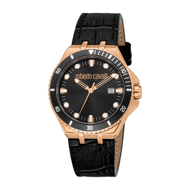 ROBERTO CAVALLI Herenhorloge, roségoudkleurige kast, zwarte wijzerplaat, zwarte leren band, 3 wijzers, datumweergave, 10 ATM