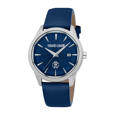 ROBERTO CAVALLI Herenhorloge, kast in zilverkleur, donkerblauwe wijzerplaat, donkerblauwe leren band, 3 wijzers, datumweergave, 5 ATM