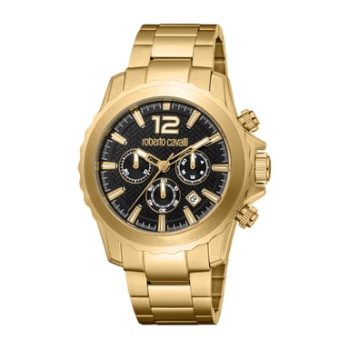 ROBERTO CAVALLI Herenhorloge, kast in goudkleur, zwarte wijzerplaat, metalen armband in goudkleur, chronograaf, 10 ATM