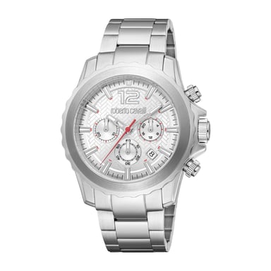 ROBERTO CAVALLI Herenhorloge, kast in zilverkleur, zilveren wijzerplaat, metalen armband van roestvrij staal, chronograaf, 10 ATM