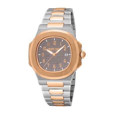 ROBERTO CAVALLI Herenhorloge, tweekleurige kast in zilver- en roségoudkleur, donkergrijze wijzerplaat, tweekleurige metalen horlogeband in zilver- en roségoudkleur, 3 wijzers, datum, 3 ATM