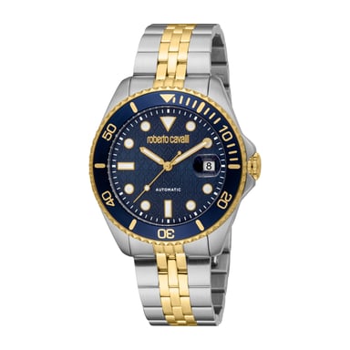 ROBERTO CAVALLI Herenhorloge, kast in zilver- en goudkleur, donkerblauwe wijzerplaat, metalen armband in zilver- en goudkleur, automatisch, 10 ATM