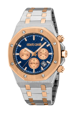 ROBERTO CAVALLI Herenhorloge, kast in tweekleurig zilver- en roségoudkleur, donkerblauwe wijzerplaat, metalen armband in tweekleurig zilver- en roségoudkleur, chronograaf, 3 ATM