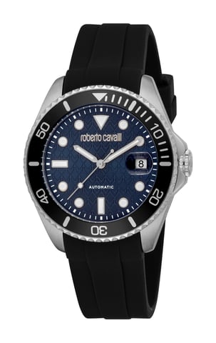 ROBERTO CAVALLI Herenhorloge, zilverkleurige kast, donkerblauwe wijzerplaat, zwart siliconen bandje, automatisch, 10 ATM