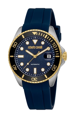 ROBERTO CAVALLI Herenhorloge, tweekleurige kast in zilver- en goudkleur, donkerblauwe wijzerplaat, donkerblauwe siliconen band, automatisch, 10 ATM