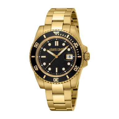 ROBERTO CAVALLI Herenhorloge, kast in goudkleur, zwarte wijzerplaat, metalen armband in goudkleur, 3 wijzers, datumweergave, 5 ATM