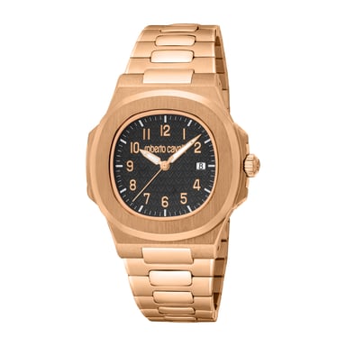ROBERTO CAVALLI Herenhorloge, kast in roségoudkleur, zwarte wijzerplaat, metalen armband in roségoudkleur, 3 wijzers, datumaanduiding, 3 ATM